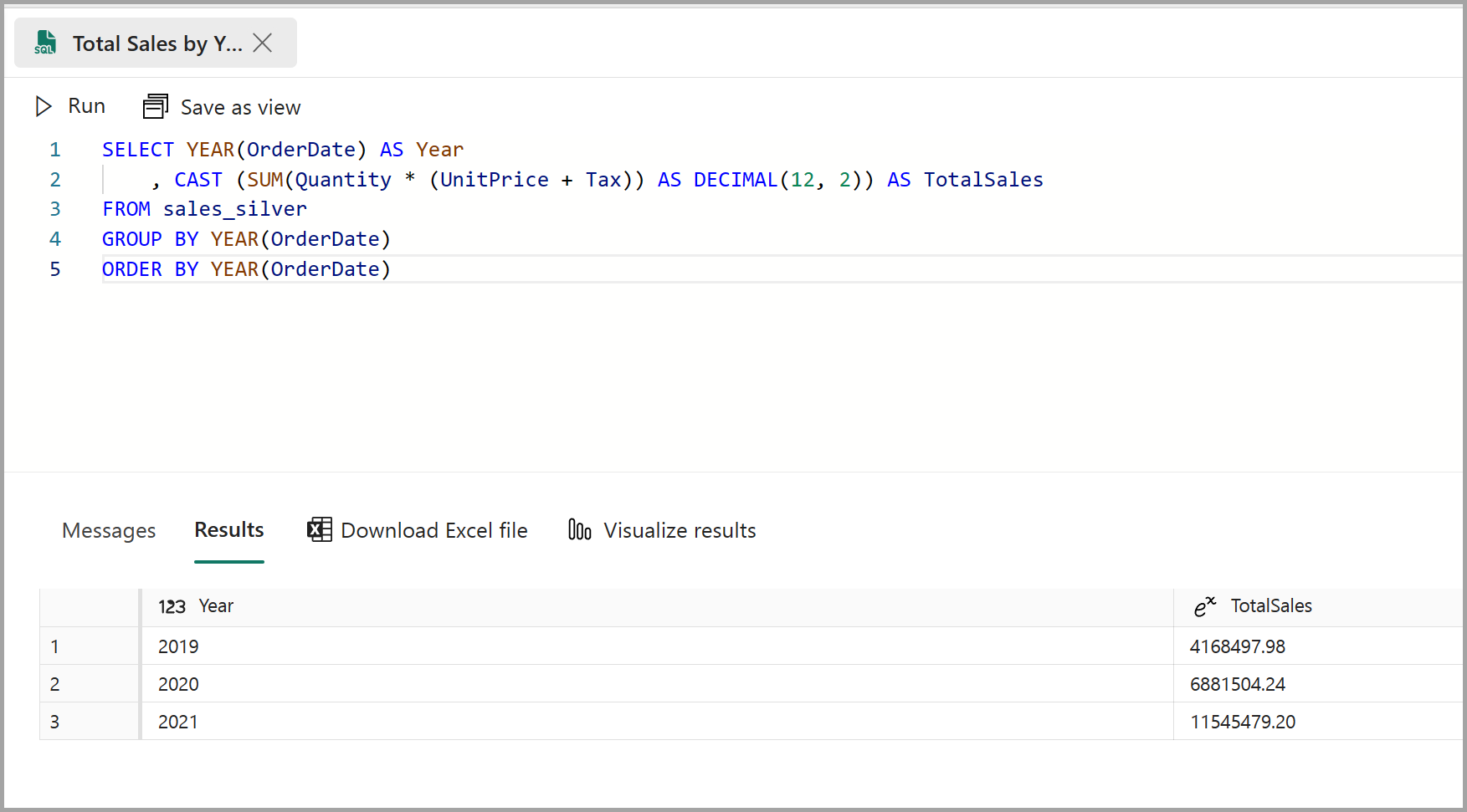 Screenshot of the results of a SQL query in a lakehouse.