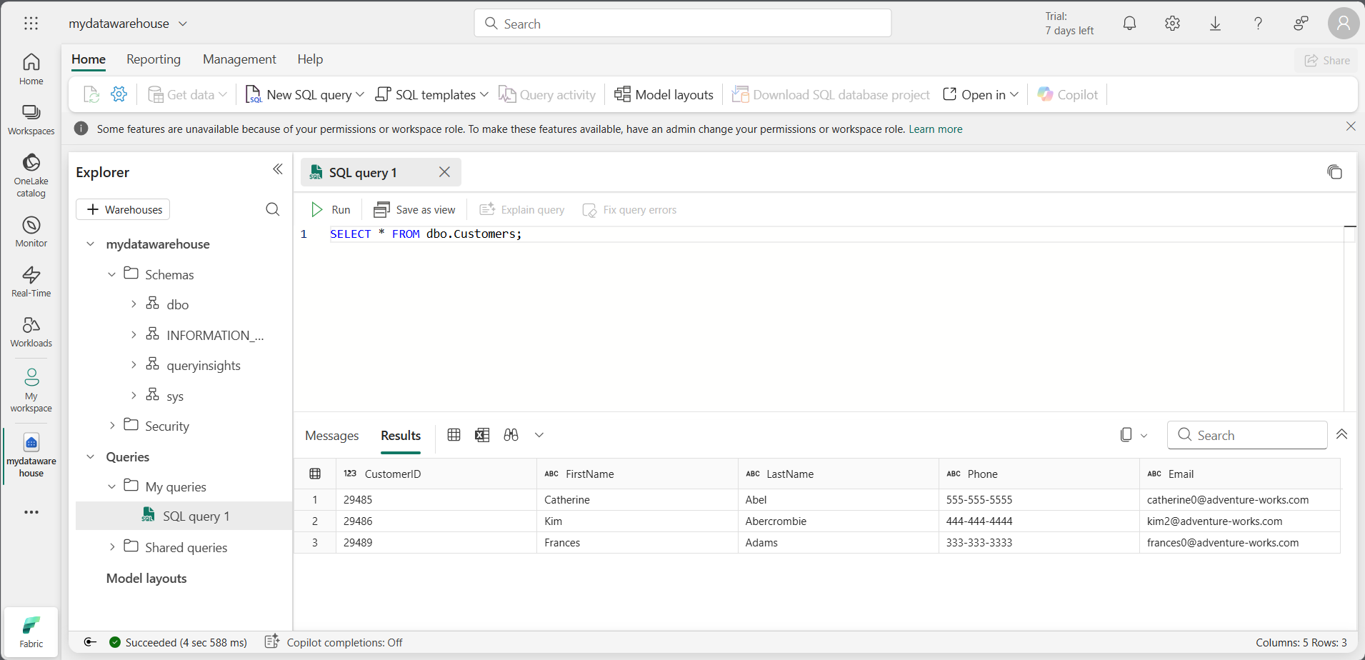 Screenshot of the Customers table with unmasked data.