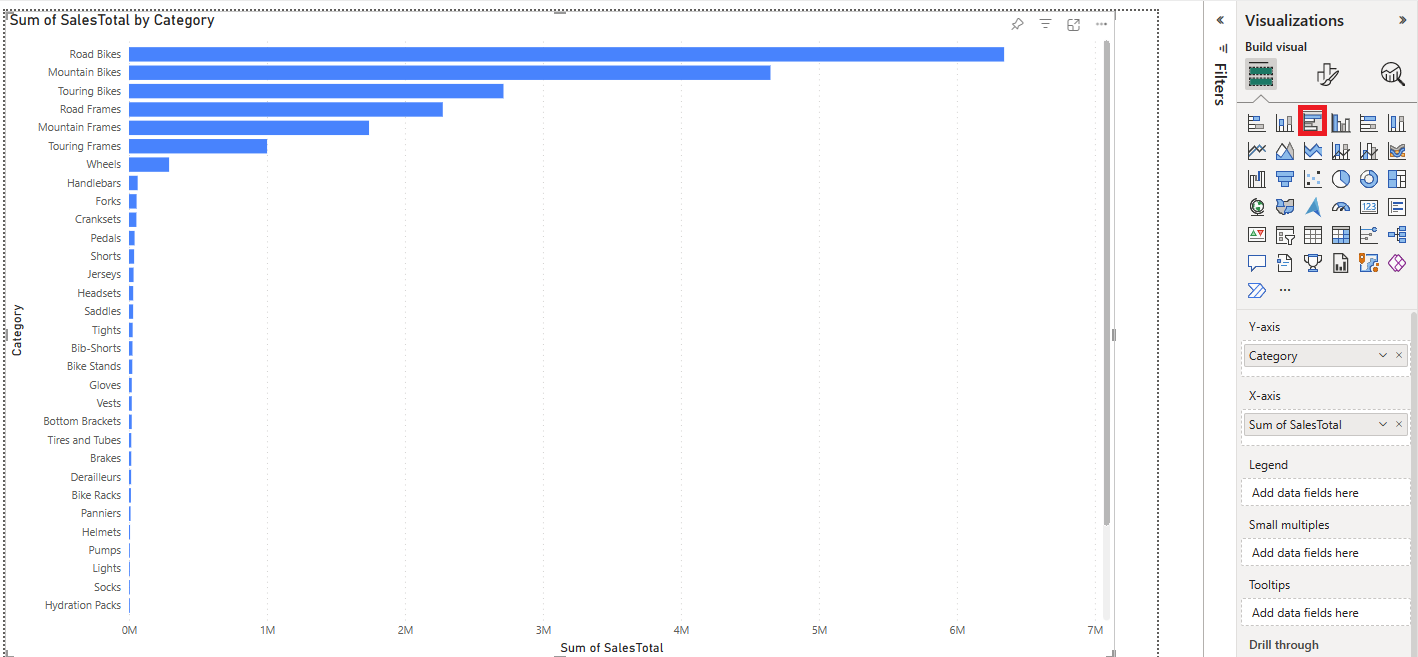 Screenshot of the Visualizations pane with the bar chart selected.