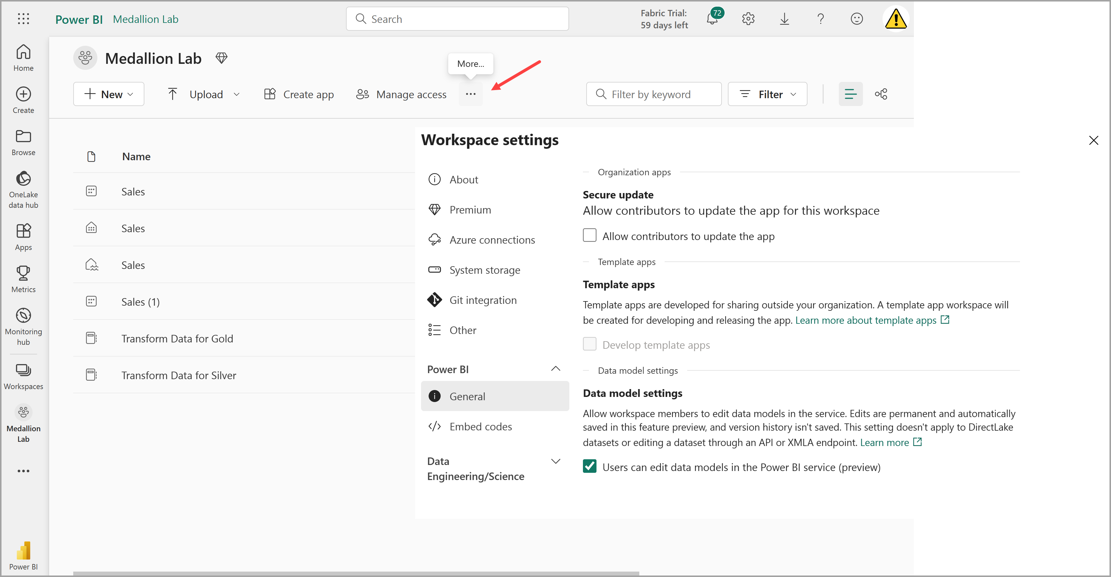 Screenshot of the workspace settings page in Fabric.