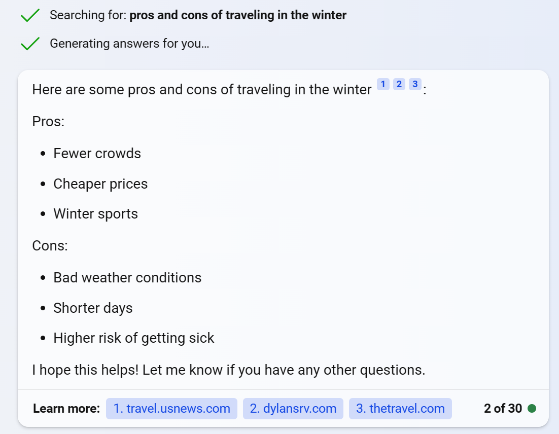 A screenshot of Bing copilot's response to a traveling prompt with three bullets for pros and three bullets for cons.