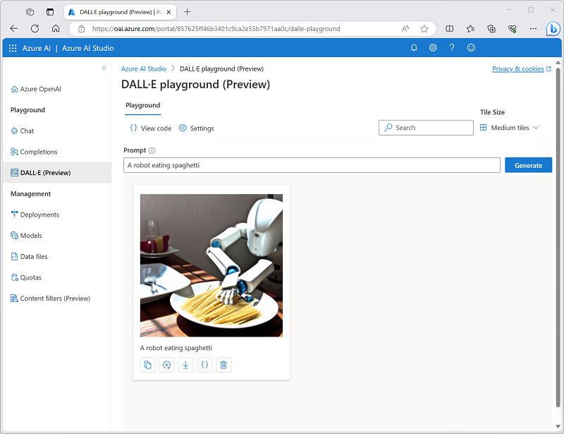 Screenshot of the DALL-E playgrund in Azure AI Studio.