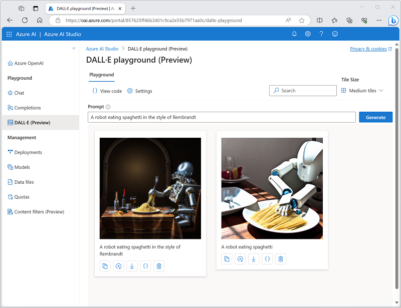 Screenshot of DALL-E generated images in Azure AI Studio.