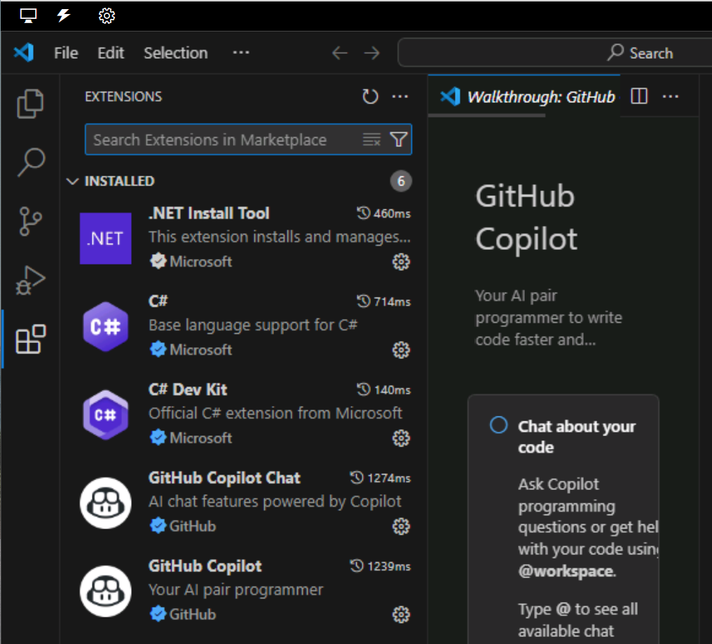 Screenshot showing GitHub Copilot the Visual Studio Code Extensions view.