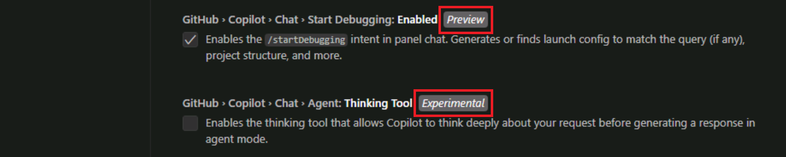 Screenshot showing the Preview and Experimental labels for GitHub Copilot Chat settings.