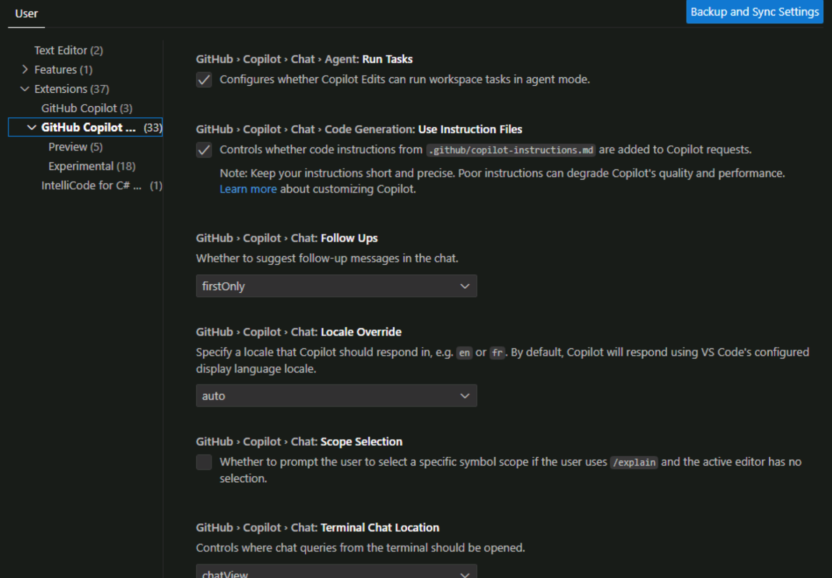 Screenshot showing the GitHub Copilot Chat settings.