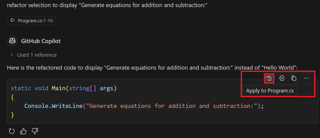 Screenshot showing code management options in the Chat view.