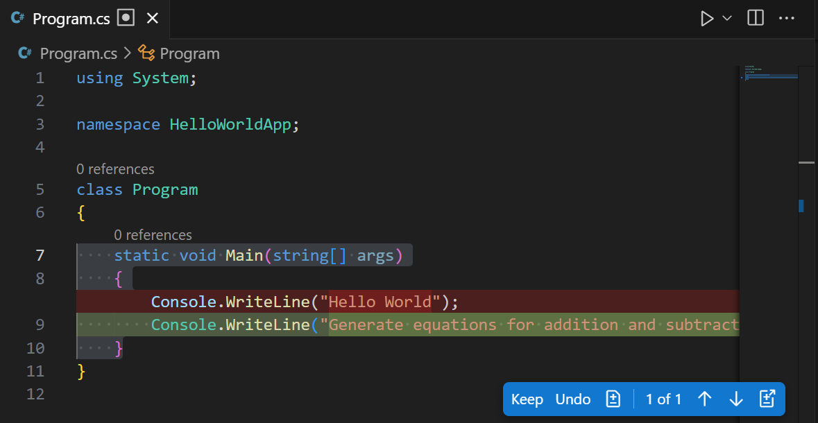 Screenshot showing an Inline Chat session with a response in the code editor.