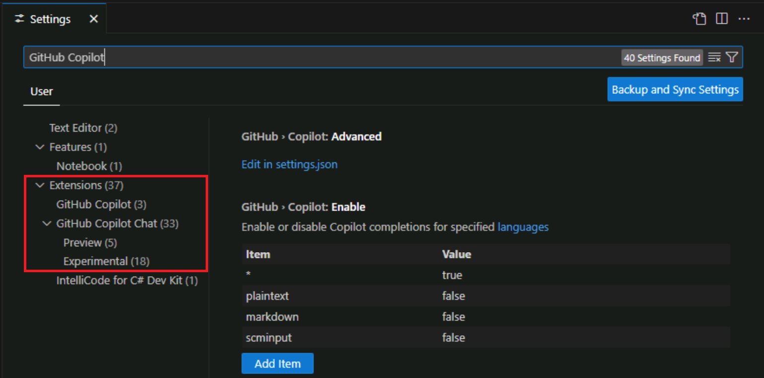 Screenshot showing Visual Studio Code settings filtered for GitHub Copilot.