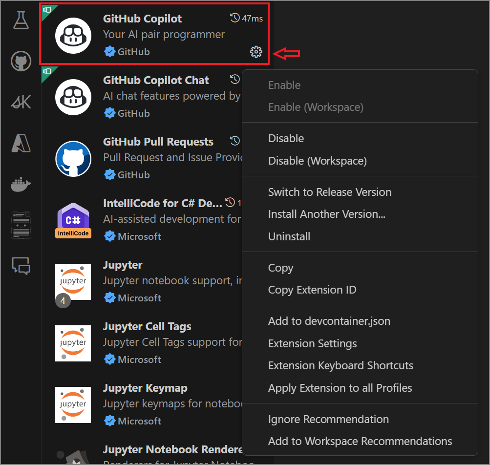 Screenshot showing a dropdown menu for the GitHub Copilot extension.