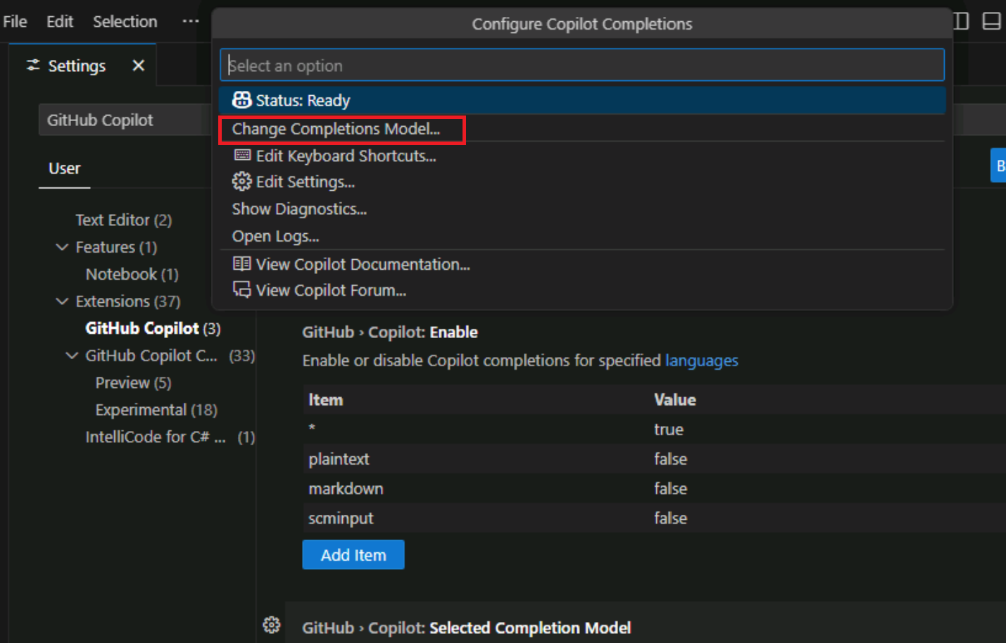 Screenshot showing the Change Completions Model menu option.