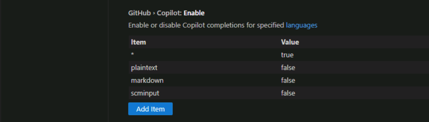 Screenshot showing the enable languages setting open in the editor.