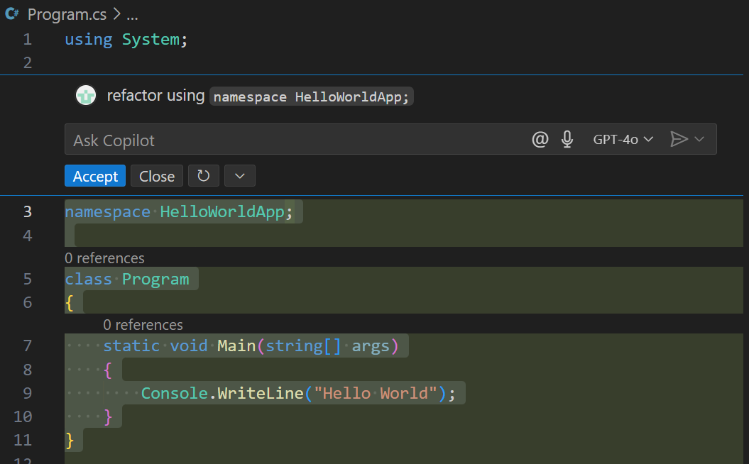 Screenshot showing an Inline Chat session with a response in the code editor.