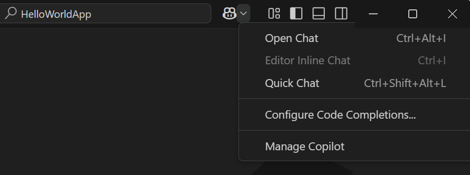 Screenshot showing the Copilot Chat menu with inline chat disabled.