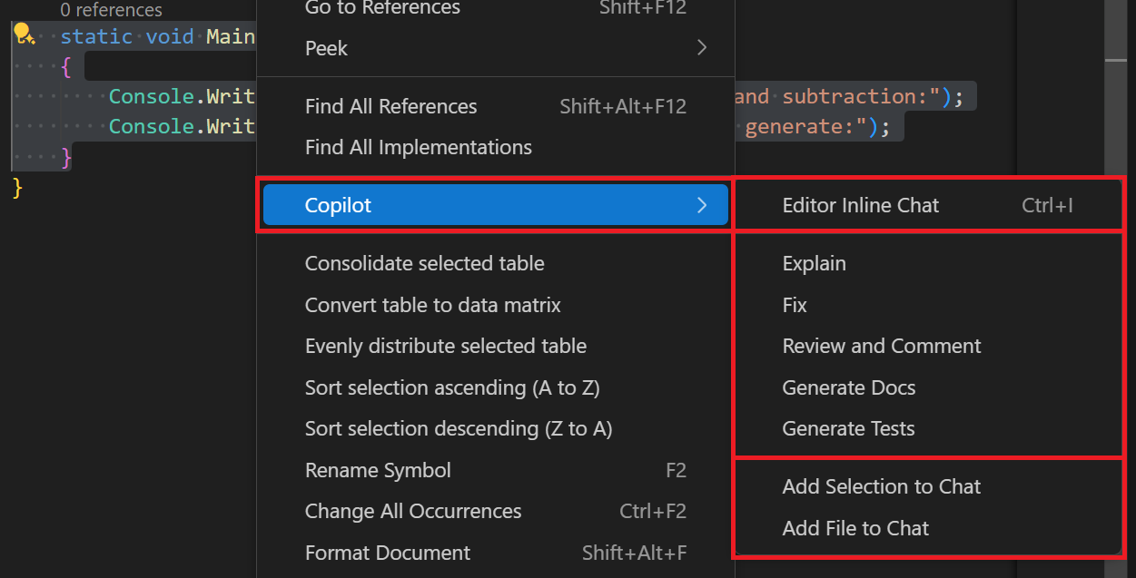 Screenshot showing the Copilot context menu.