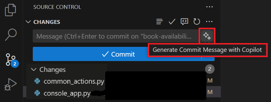 Screenshot showing the Generate Commit Message with Copilot button.