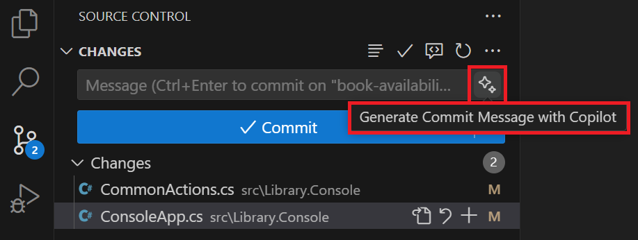 Screenshot showing the Generate Commit Message with Copilot button.