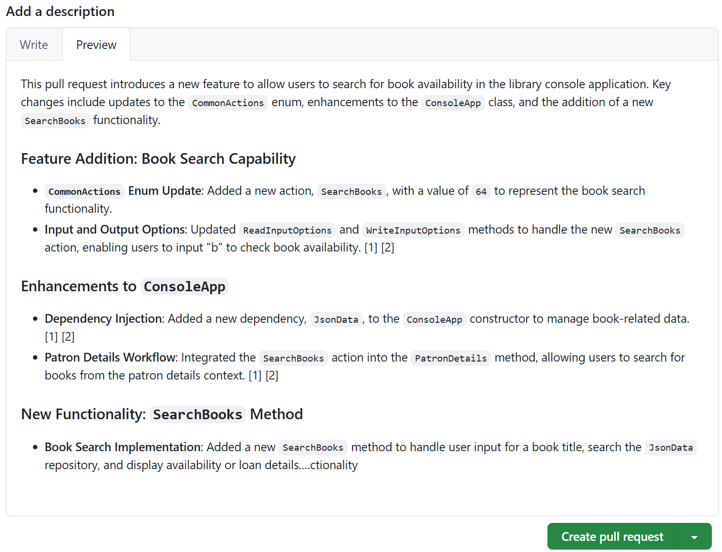 Screenshot showing a pull request summary generated using a GitHub Copilot Enterprise account.