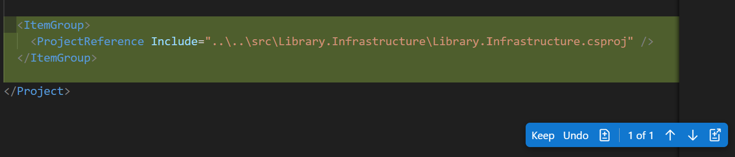 Screenshot showing updates to the UnitTests.csproj file in the code editor.