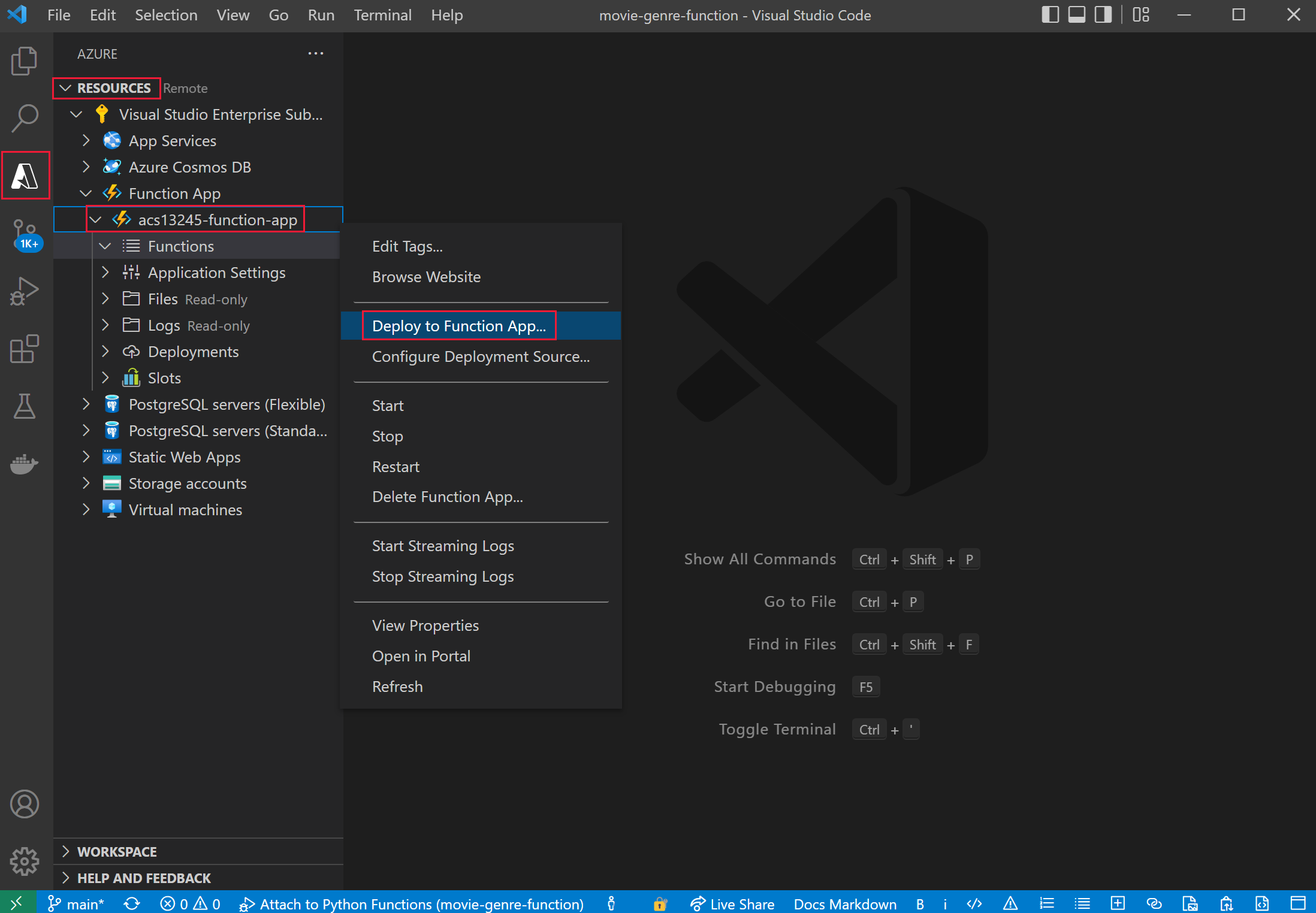 A screenshot showing the menu option to deploy a function app to Azure.