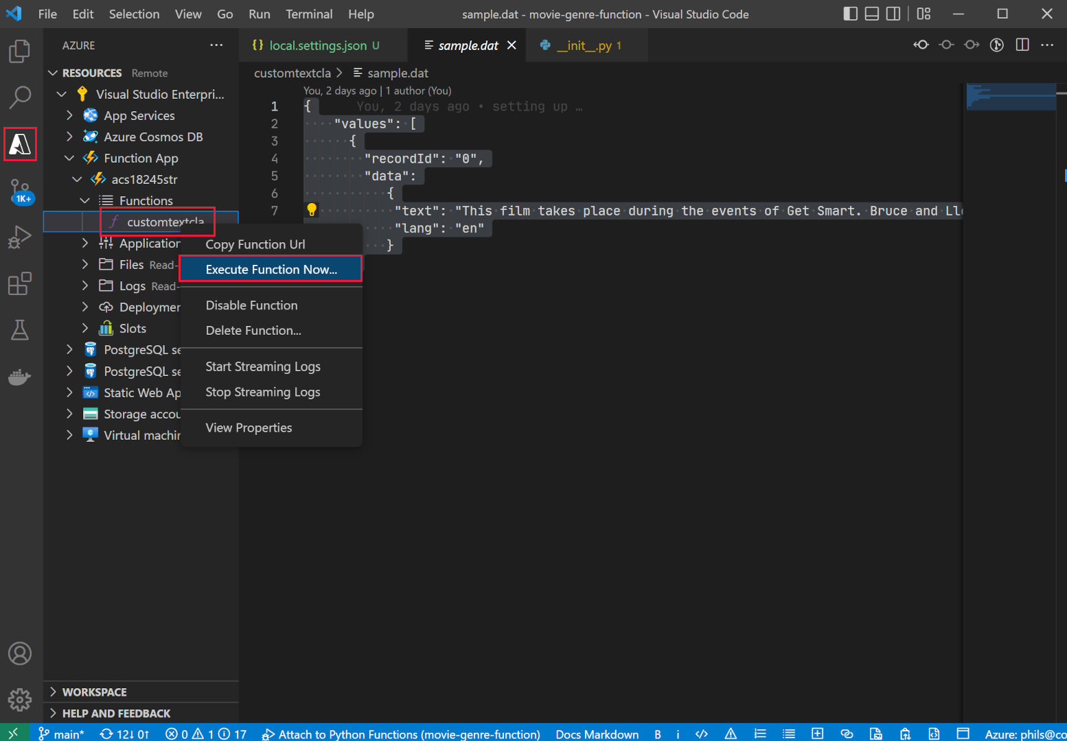 A screenshot showing how to execute a remote function app from inside Visual Studio Code.