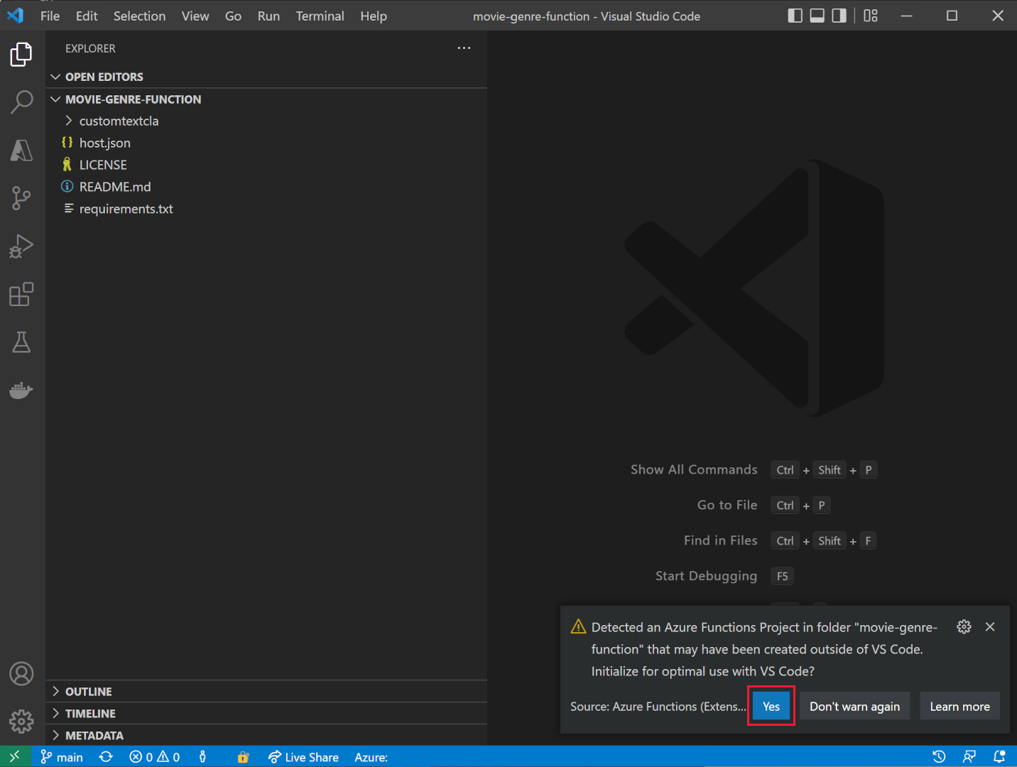 A screenshot of Visual Studio Code showing the optimize function app dialog.