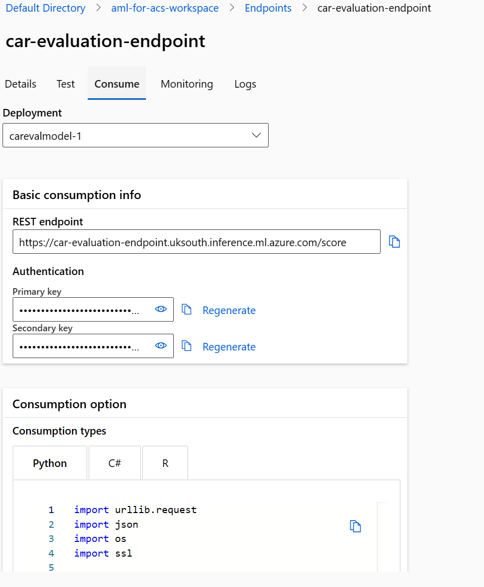 A screenshot showing how to copy the REST endpoint and primary key.