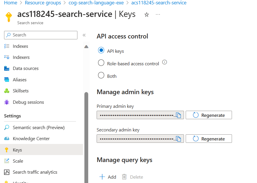 A screenshot of the keys section of a search service.