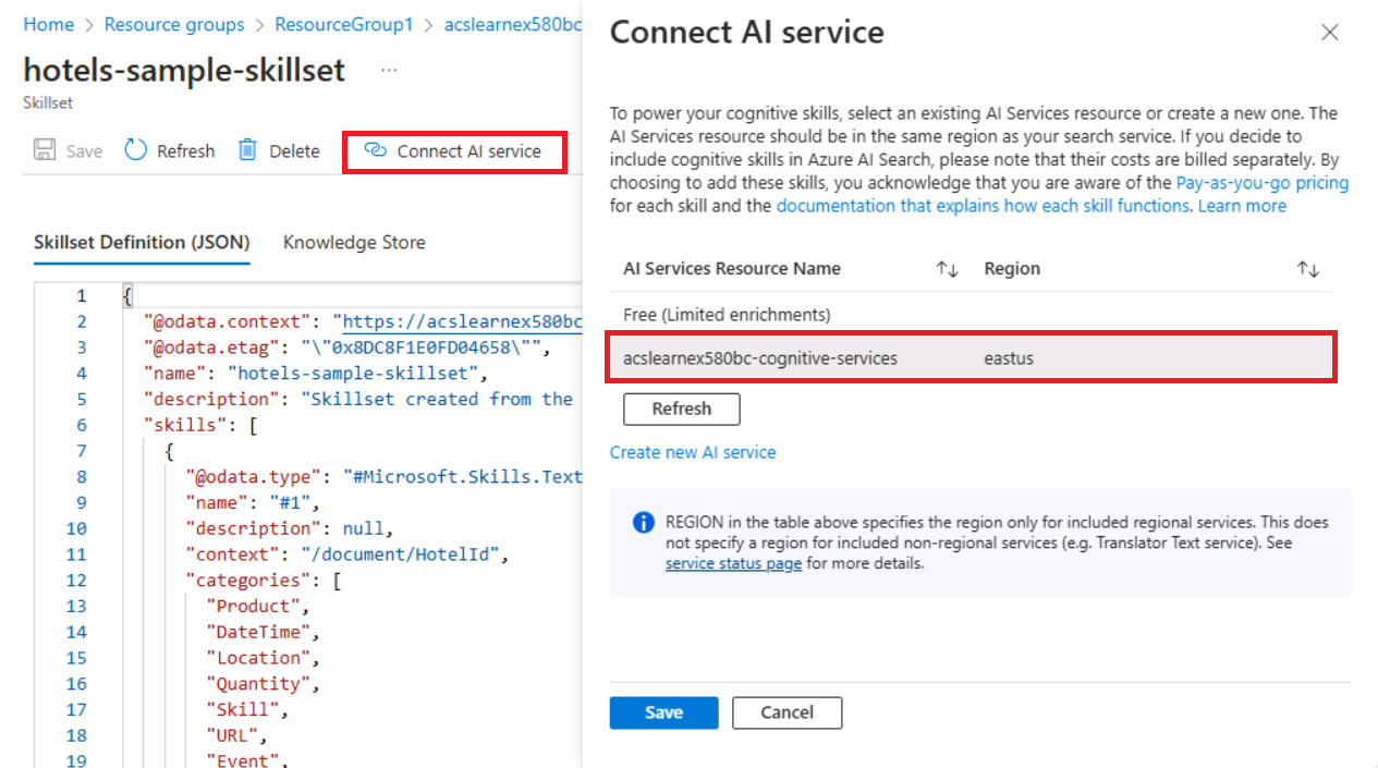 A screenshot showing the Azure AI Services resource to attach to the skillset.