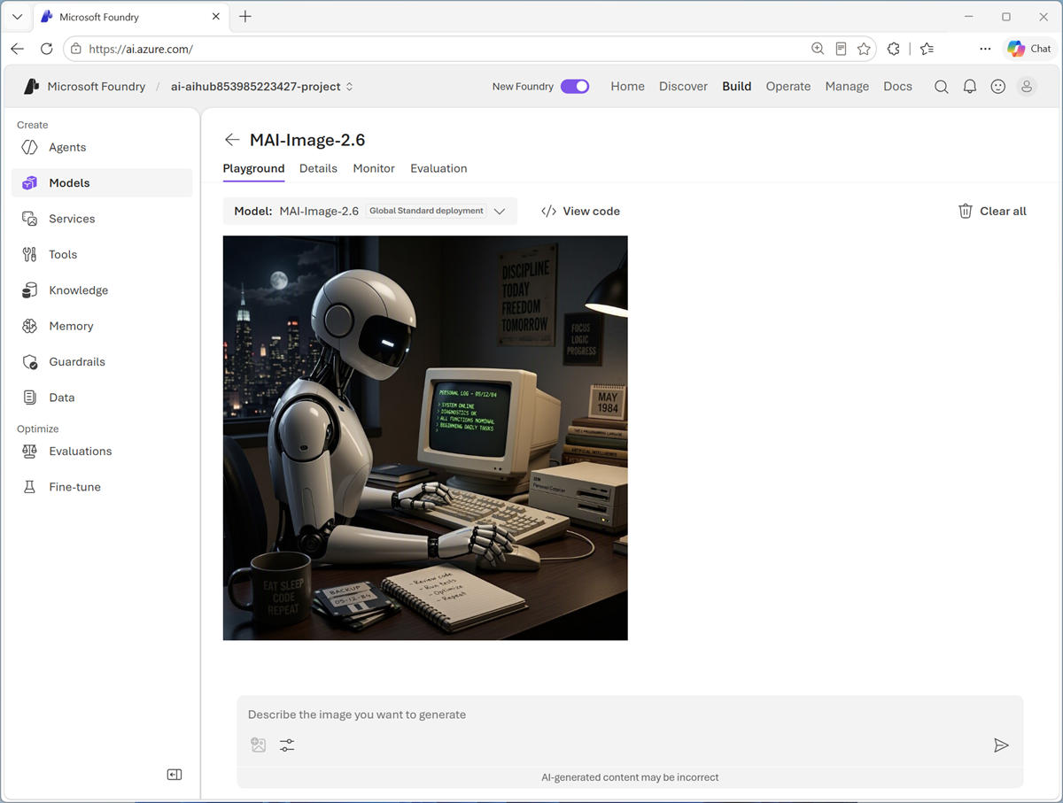 Screenshot of the image model playground with a generated image.