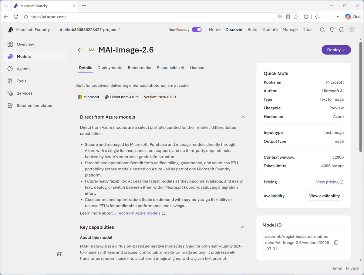 Screenshot of the MAI-Image model page.