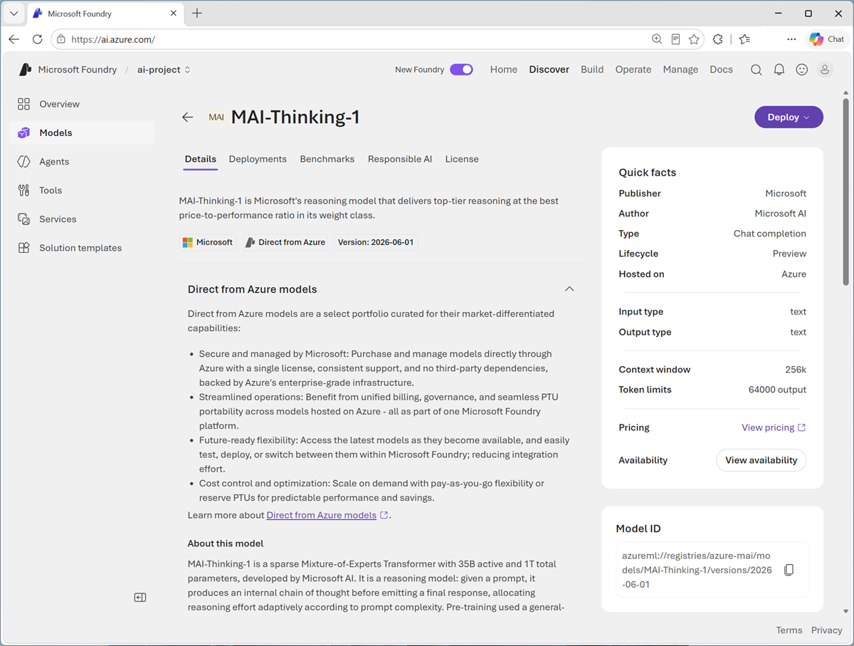 Screenshot of the MAI-Thinking model page.