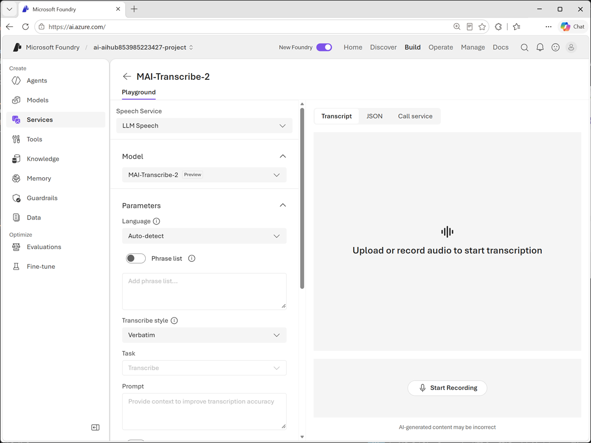 Screenshot of the MAI-Transcribe model in the Speech Playground.