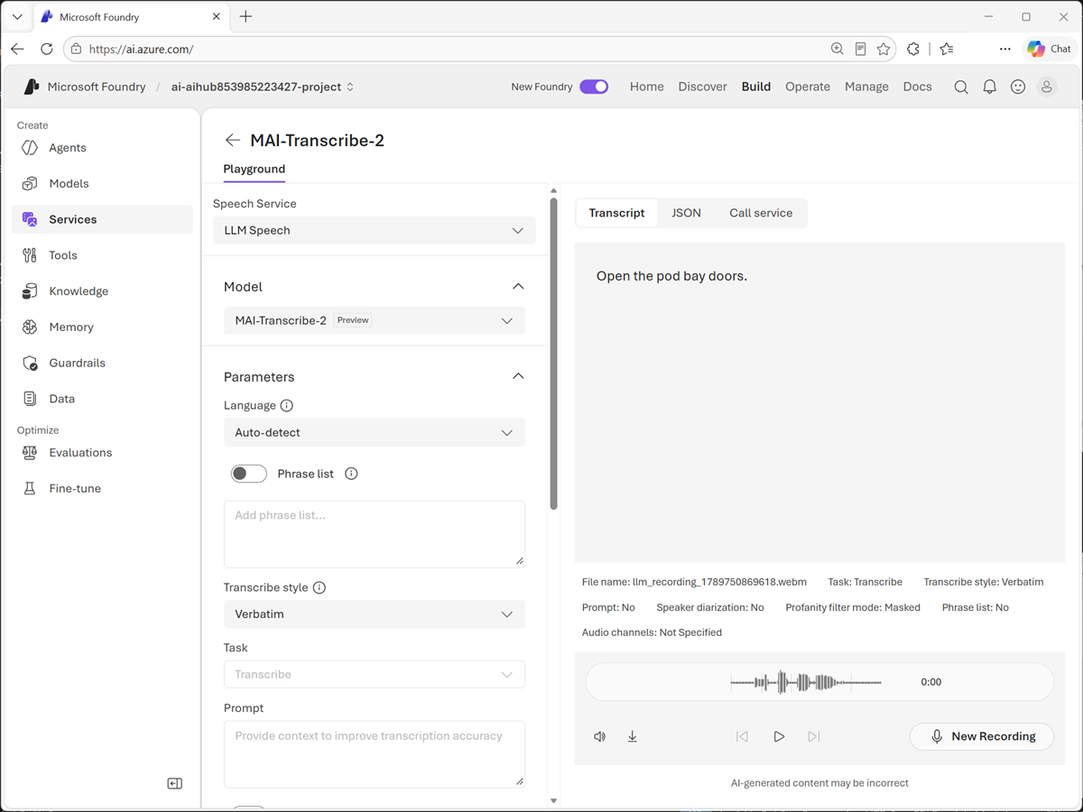 Screenshot of the MAI-Transcribe model with generated text.