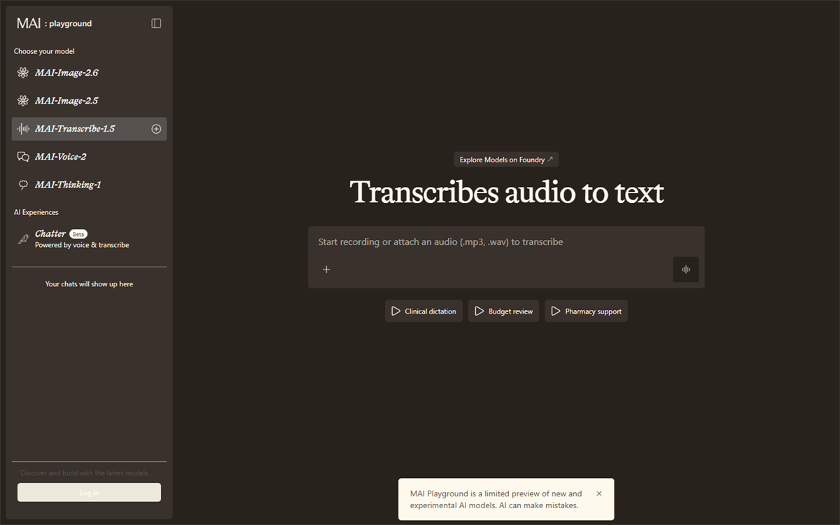 Screenshot of the MAI Playground with the MAI-Transcribe-1.5 model selected and audio input controls displayed.