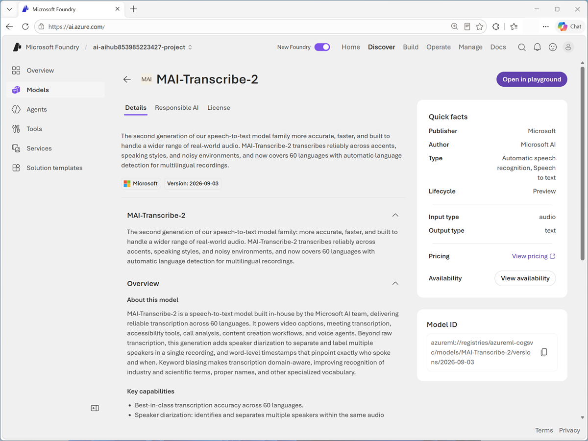 Screenshot of the MAI-Transcribe model page.