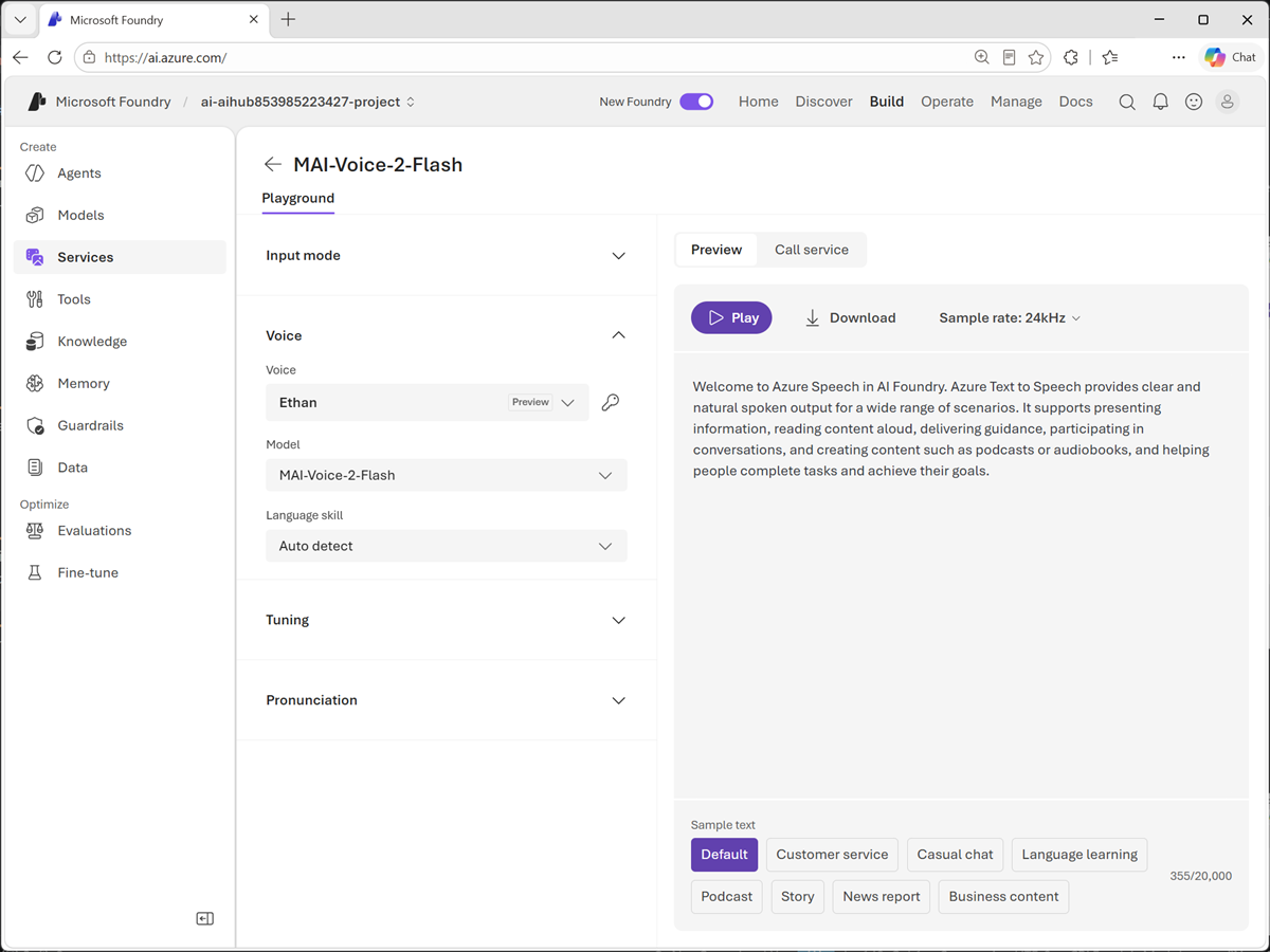 Screenshot of the MAI-Voice model in the Speech Playground.