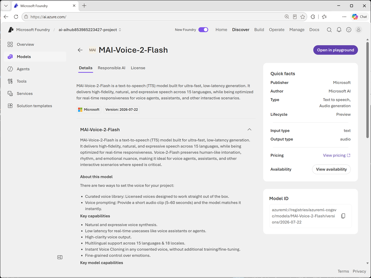 Screenshot of the MAI-Voice model page.