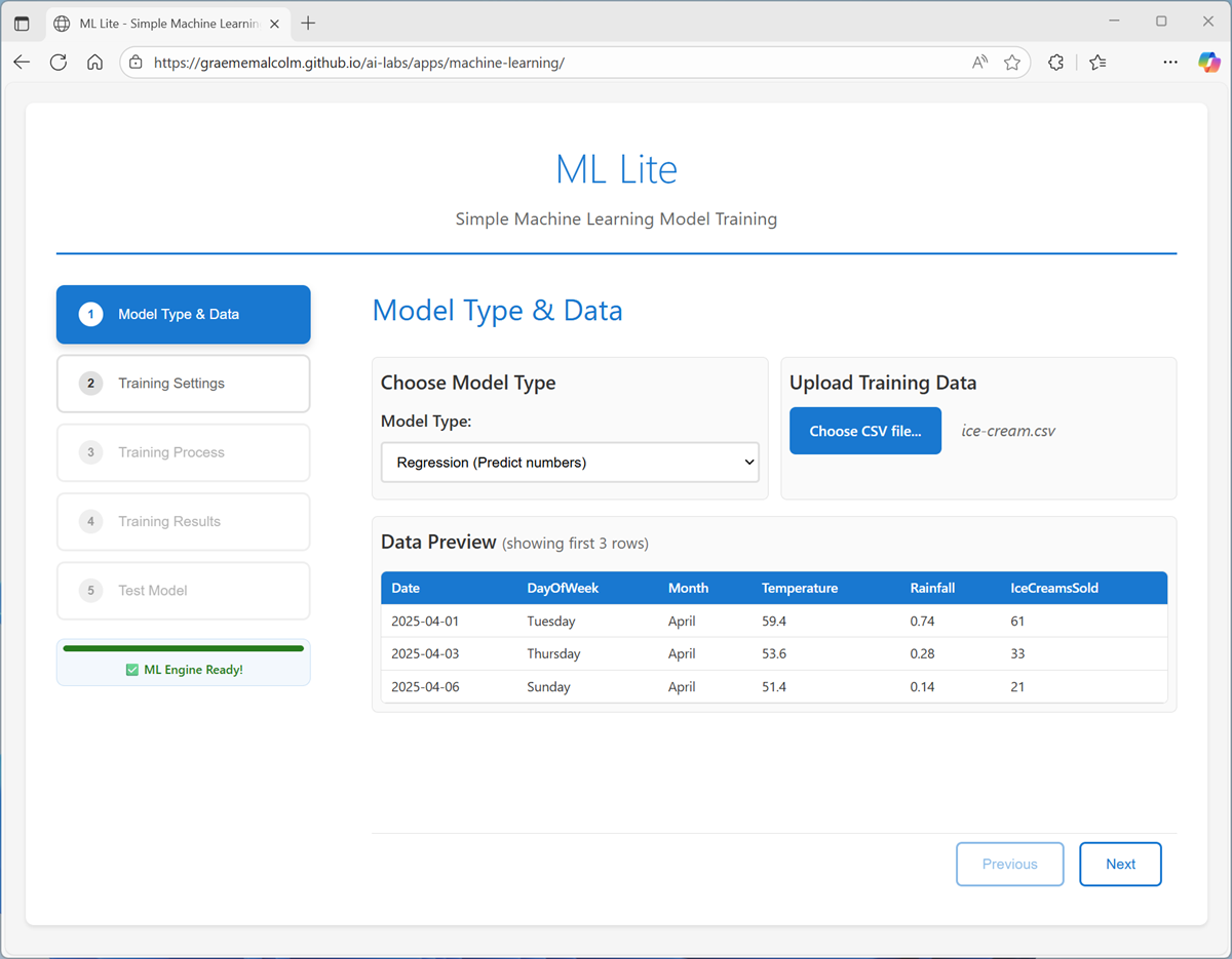 Screenshot of the Model Type and Data page.