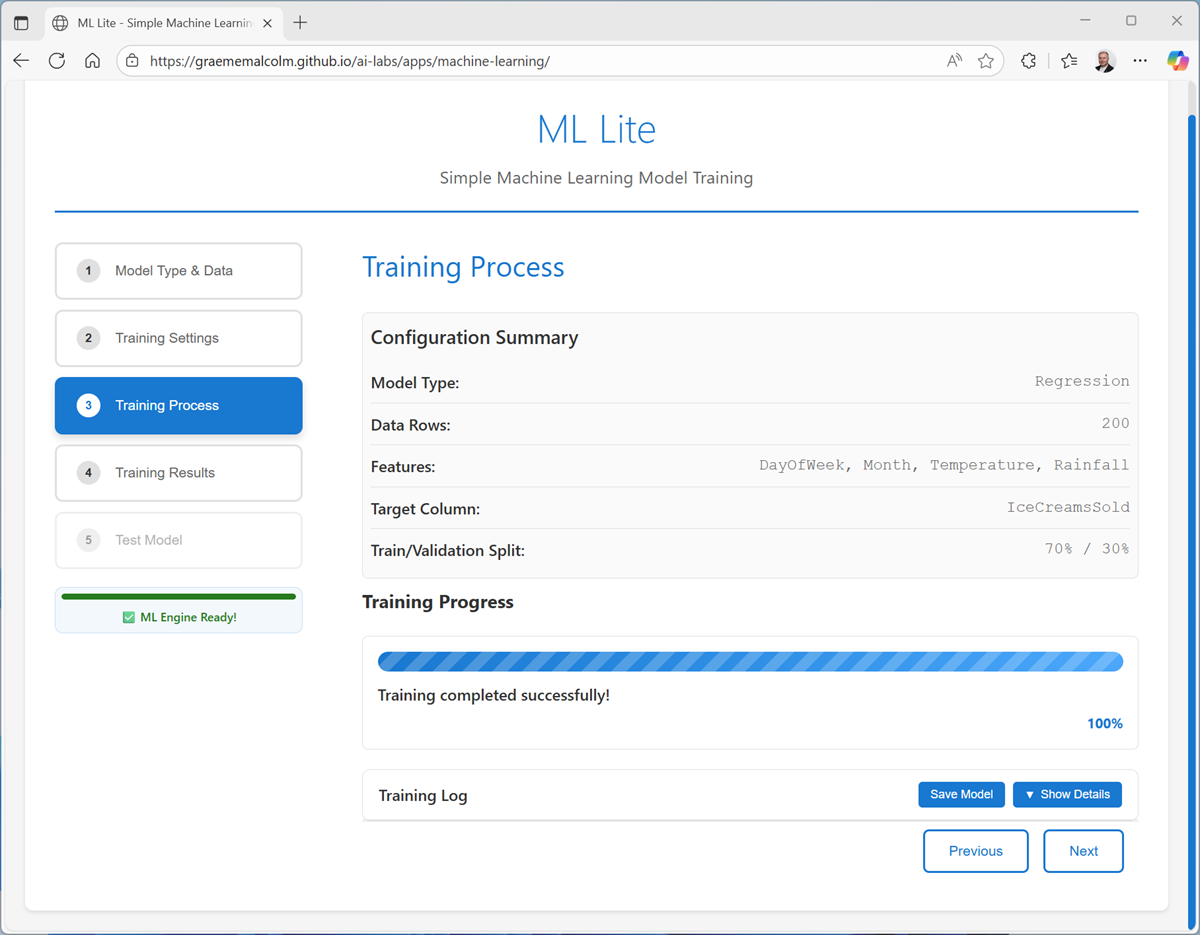 Screenshot of the Training Process page.
