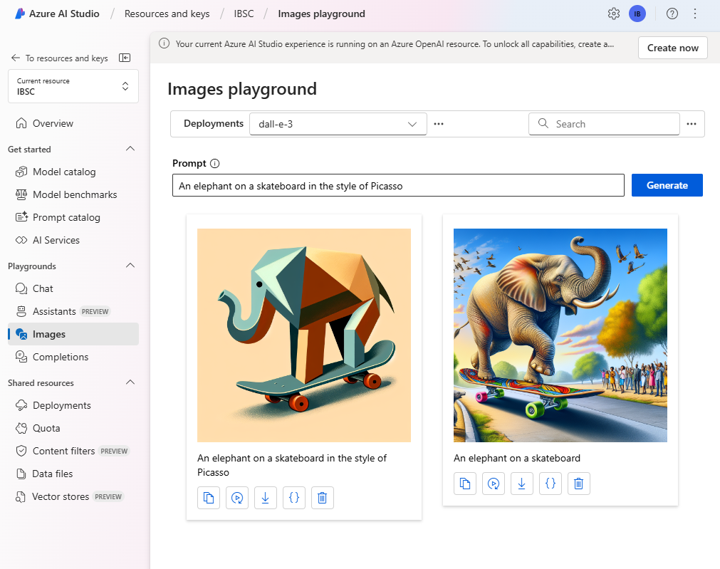 Der Playground "Images" in Azure AI Studio mit zwei generierten Bildern.