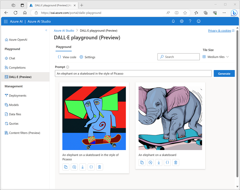 The DALL-E Playground in Azure OpenAI Studio with two generated images.