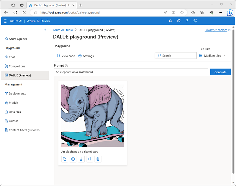 The DALL-E Playground in Azure OpenAI Studio with a generated image.