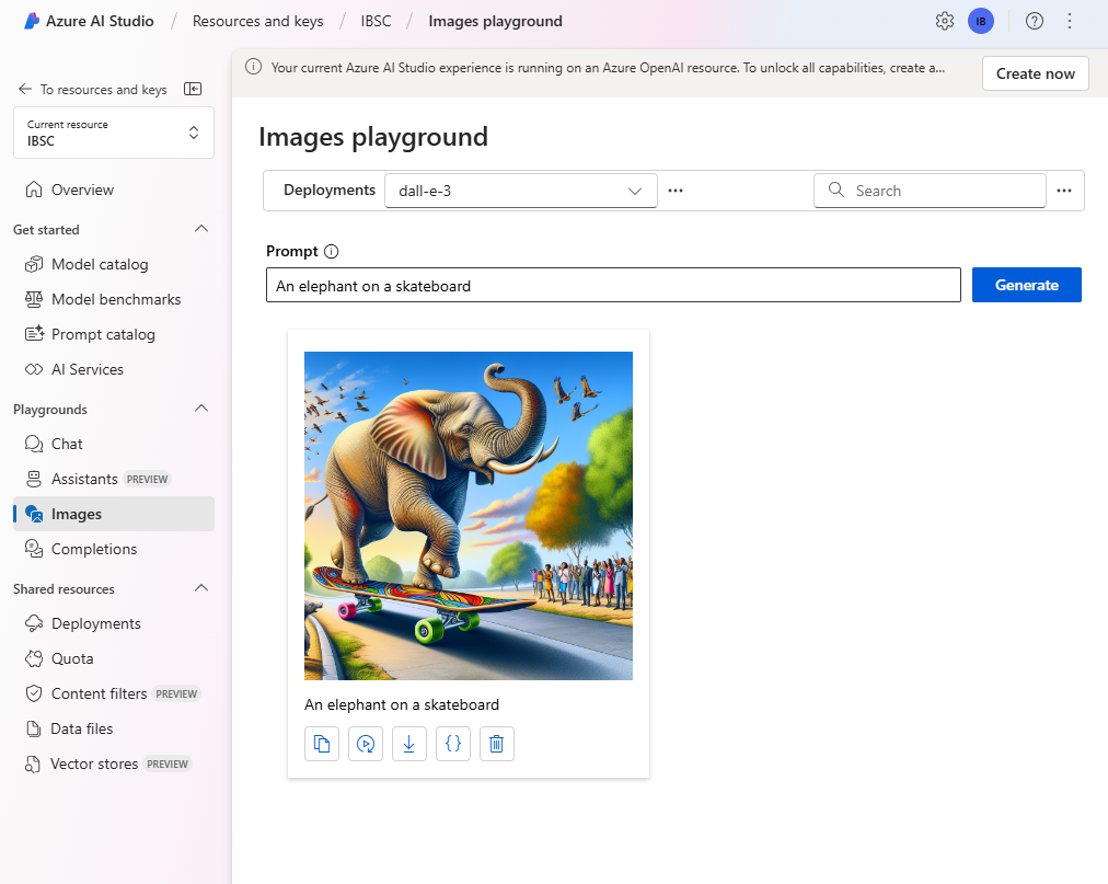 The Images Playground in Azure AI Foundry portal with a generated image.