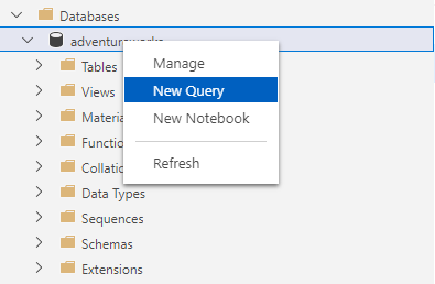 Screenshot of adventureworks database highlighting New Query context menu item