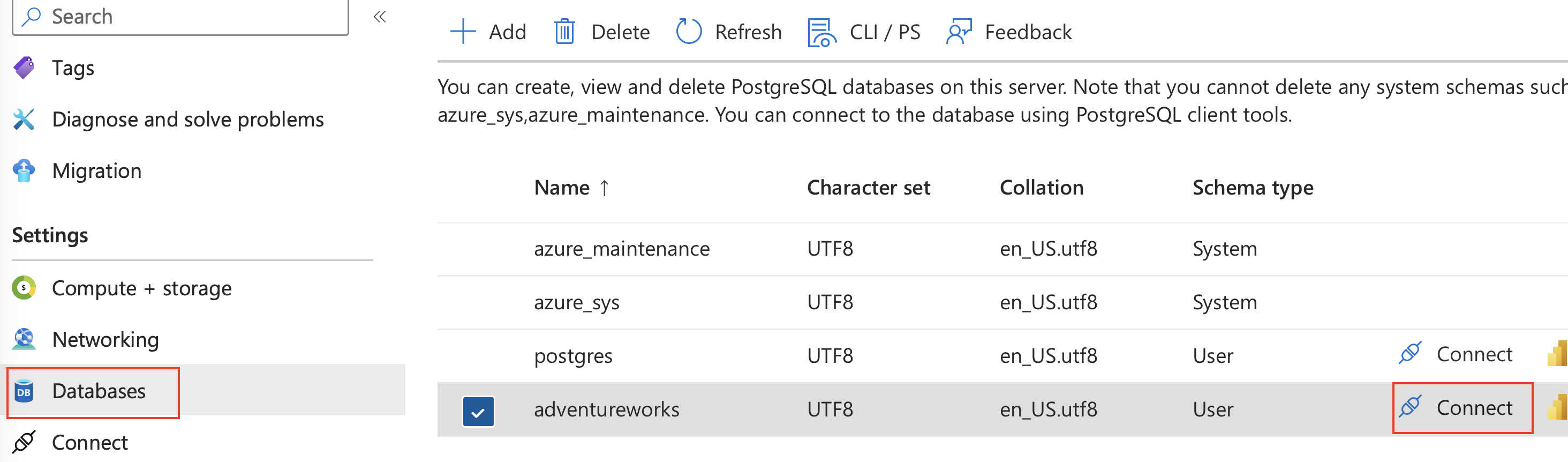 Screenshot of the Azure Database for PostgreSQL Databases page. Databases and Connect for the adventureworks database are highlighted by red boxes.