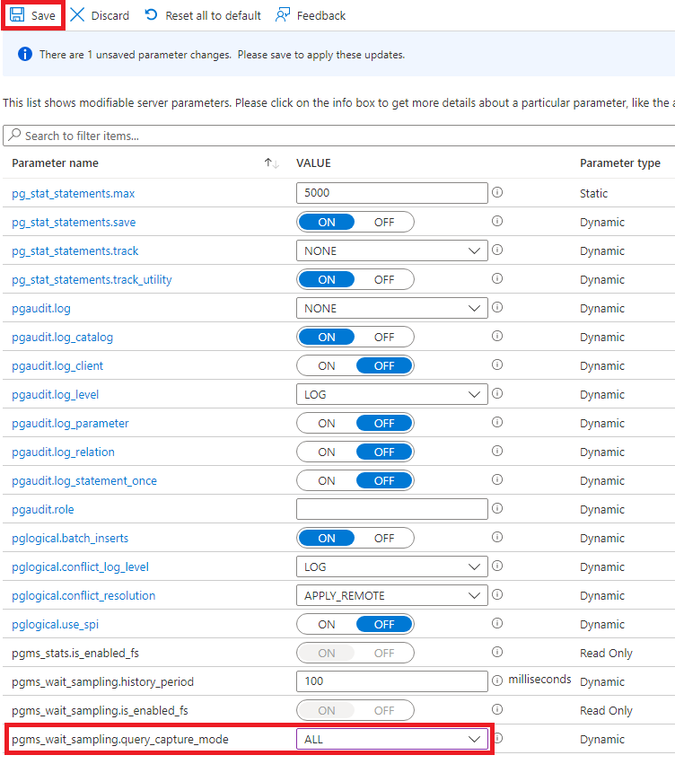 Screenshot of settings to turn p g m s_wait_sampling.query_capture_mode on