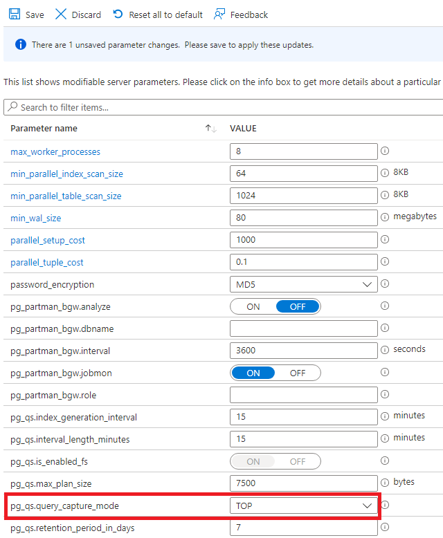 Screenshot of settings to turn Query Store on