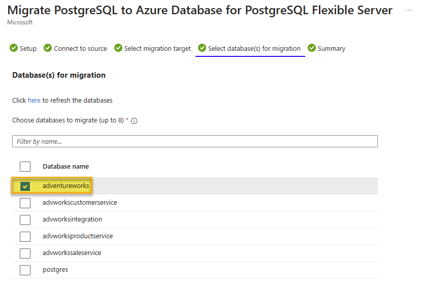 Select database(s) for Azure Database for PostgreSQL Flexible Server migration.