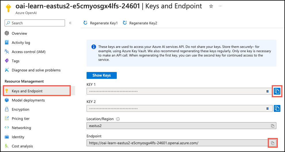 Screenshot of the Azure OpenAI service's Keys and Endpoints page is displayed, with the KEY 1 and Endpoint copy buttons highlighted by red boxes.